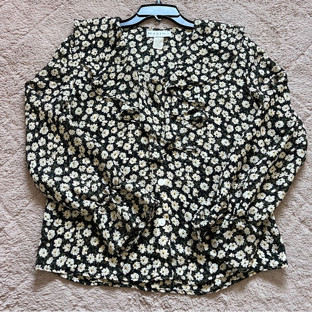 Vintage Maxima USA Daisy Floral Blouse Preppy‎ Minimalist Cottage Capsule Size S